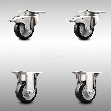 Service Caster 3 Inch 316SS Black Polyurethane Swivel Top Plate Caster Lock Brake 2 Rigid, 2PK SCC-SS316TTL20S314-PPUB-BLK-2-R-2